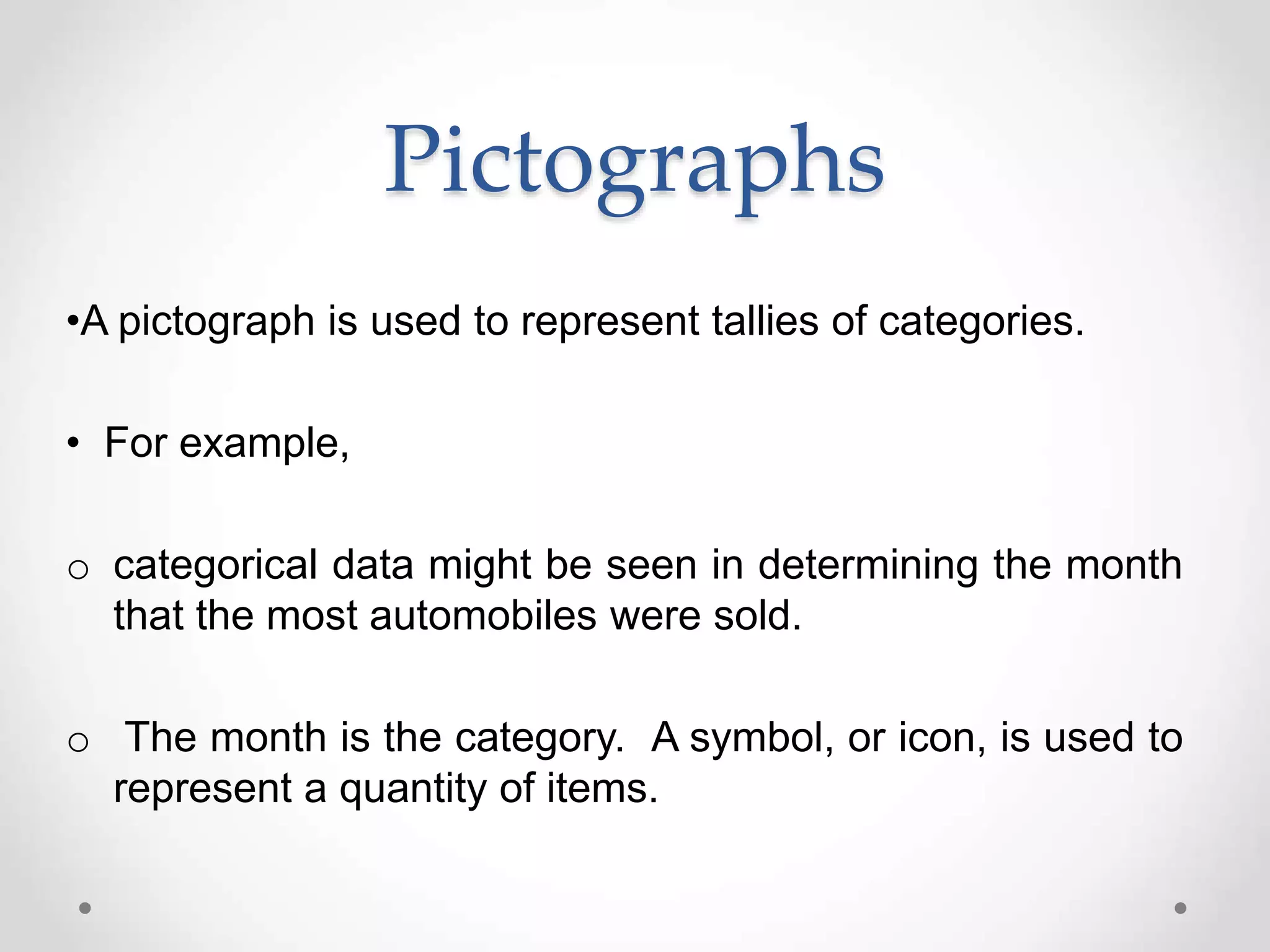 •A pictograph is used to represent tallies of categories.
• For example,
o categorical data might be seen in determining the month
that the most automobiles were sold.
o The month is the category. A symbol, or icon, is used to
represent a quantity of items.
Pictographs
 