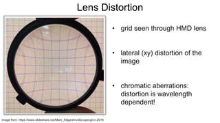 image from: https://www.slideshare.net/Mark_Kilgard/nvidia-opengl-in-2016
• grid seen through HMD lens
• lateral (xy) distortion of the
image
• chromatic aberrations:
distortion is wavelength
dependent!
Lens Distortion
 