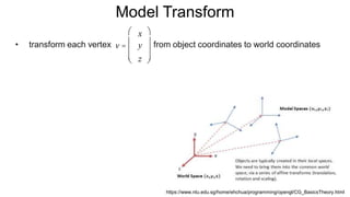 Model Transform
• transform each vertex from object coordinates to world coordinates
https://www.ntu.edu.sg/home/ehchua/programming/opengl/CG_BasicsTheory.html
v =
x
y
z
æ
è
ç
ç
ç
ö
ø
÷
÷
÷
 