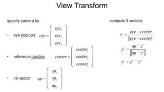 View Transform
specify camera by
• eye position
• reference position
• up vector up =
upx
upy
upz
æ
è
ç
ç
ç
ö
ø
÷
÷
÷
center =
centerx
centery
centerz
æ
è
ç
ç
ç
ö
ø
÷
÷
÷
compute 3 vectors:
eye =
eyex
eyey
eyez
æ
è
ç
ç
ç
ö
ø
÷
÷
÷
xc
=
up ´ zc
up ´ zc
yc
= zc
´ xc
zc
=
eye- center
eye- center
 