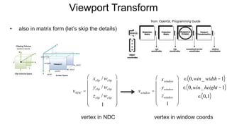 Viewport Transform
• also in matrix form (let’s skip the details)
from: OpenGL Programming Guide
vNDC =
xclip / wclip
yclip / wclip
zclip / wclip
1
æ
è
ç
ç
ç
ç
ç
ö
ø
÷
÷
÷
÷
÷
vertex in NDC
vwindow =
xwindow
ywindow
zwindow
1
æ
è
ç
ç
ç
ç
ö
ø
÷
÷
÷
÷
Î 0,win_width -1( )
Î 0,win_height -1( )
Î 0,1( )
vertex in window coords
 