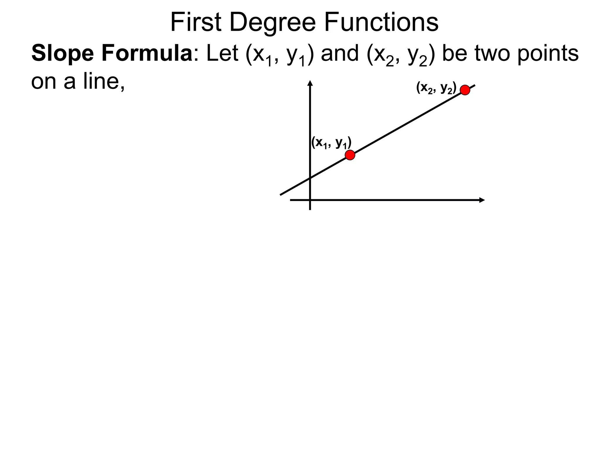 Slope Formula: Let (x1, y1) and (x2, y2) be two points
on a line,
First Degree Functions
(x1, y1)
(x2, y2)
 