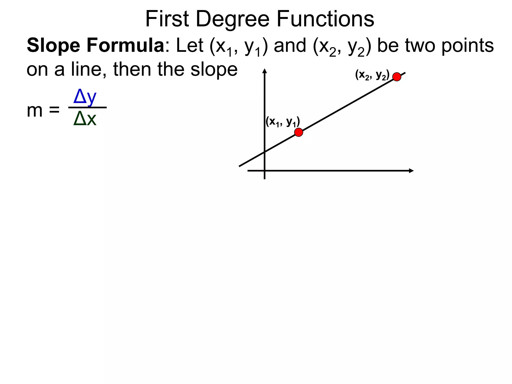 Slope Formula: Let (x1, y1) and (x2, y2) be two points
on a line, then the slope
Δy
Δxm =
First Degree Functions
(x1, y1)
(x2, y2)
 