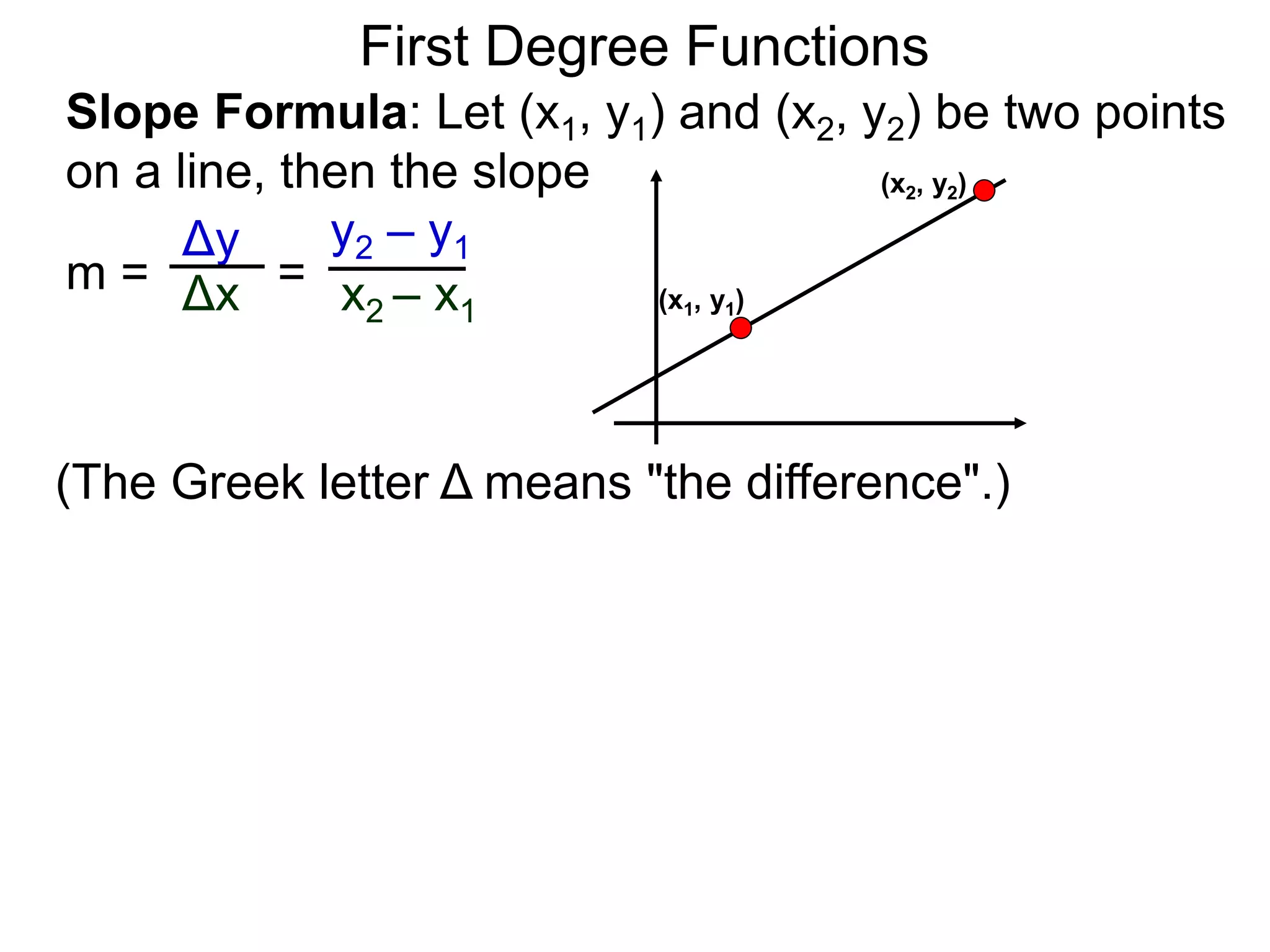 Slope Formula: Let (x1, y1) and (x2, y2) be two points
on a line, then the slope
Δy
Δx
y2 – y1
x2 – x1
m = =
First Degree Functions
(The Greek letter Δ means "the difference".)
(x1, y1)
(x2, y2)
 