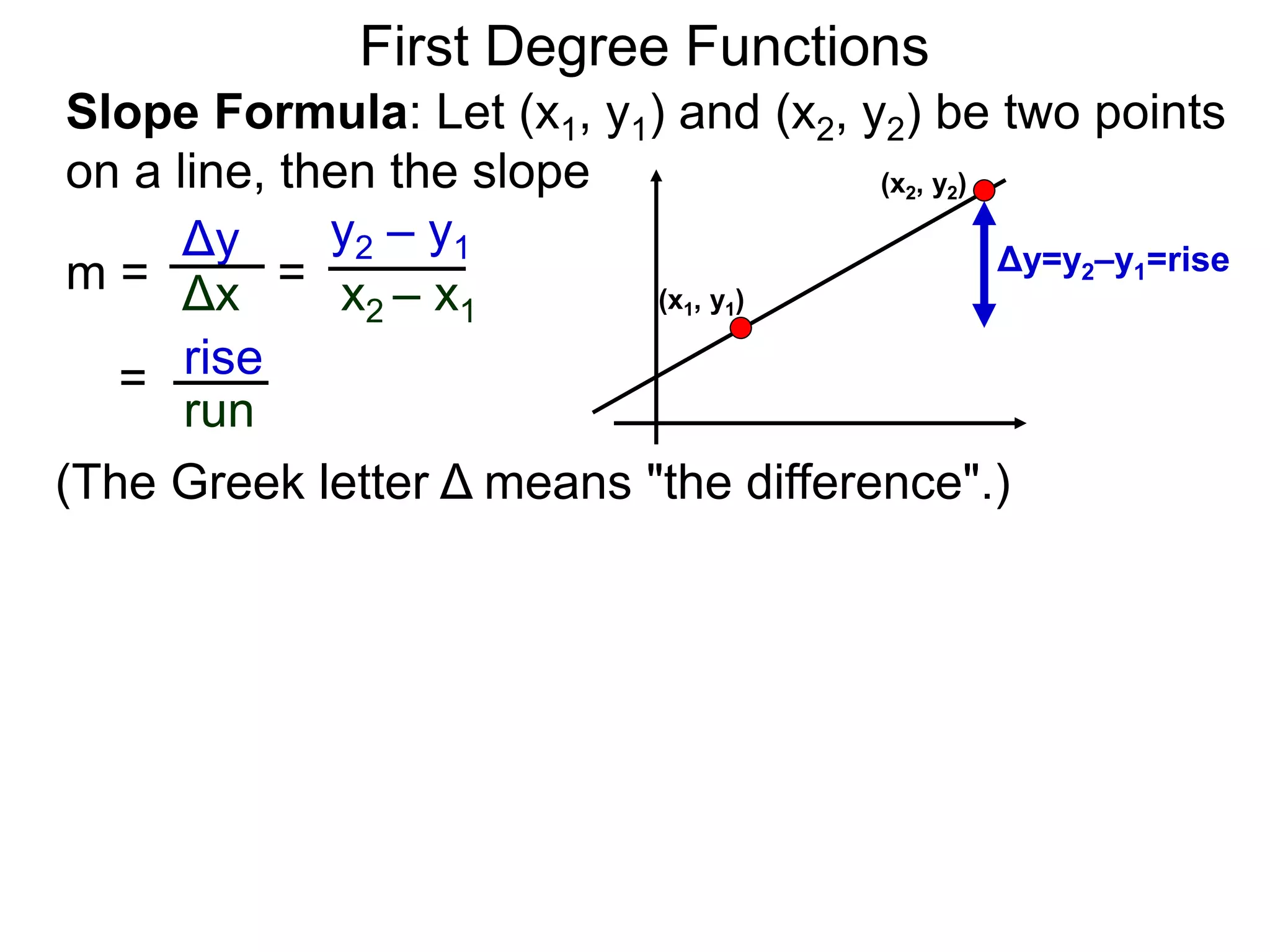 Slope Formula: Let (x1, y1) and (x2, y2) be two points
on a line, then the slope
Δy
Δx
y2 – y1
x2 – x1
m =
rise
run
=
= (x1, y1)
(x2, y2)
Δy=y2–y1=rise
First Degree Functions
(The Greek letter Δ means "the difference".)
 