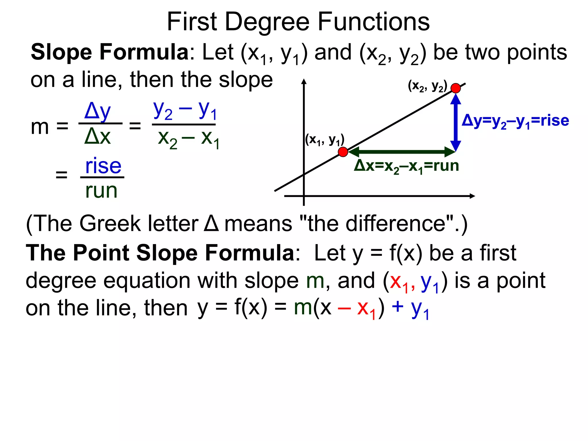 Slope Formula: Let (x1, y1) and (x2, y2) be two points
on a line, then the slope
Δy
Δx
y2 – y1
x2 – x1
m =
rise
run
=
= (x1, y1)
(x2, y2)
Δy=y2–y1=rise
Δx=x2–x1=run
The Point Slope Formula: Let y = f(x) be a first
degree equation with slope m, and (x1, y1) is a point
on the line, then y = f(x) = m(x – x1) + y1
First Degree Functions
(The Greek letter Δ means "the difference".)
 