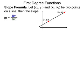 Slope Formula: Let (x1, y1) and (x2, y2) be two points
on a line, then the slope
Δy
Δxm =
First Degree Functions
(x1, y1)
(x2, y2)
 