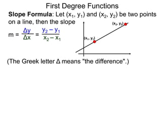 Slope Formula: Let (x1, y1) and (x2, y2) be two points
on a line, then the slope
Δy
Δx
y2 – y1
x2 – x1
m = =
First Degree Functions
(The Greek letter Δ means "the difference".)
(x1, y1)
(x2, y2)
 