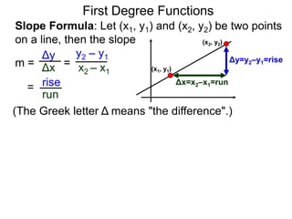 Slope Formula: Let (x1, y1) and (x2, y2) be two points
on a line, then the slope
Δy
Δx
y2 – y1
x2 – x1
m =
rise
run
=
= (x1, y1)
(x2, y2)
Δy=y2–y1=rise
Δx=x2–x1=run
First Degree Functions
(The Greek letter Δ means "the difference".)
 