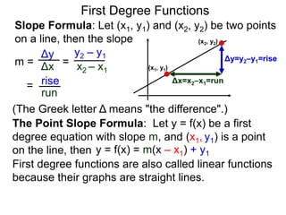 Slope Formula: Let (x1, y1) and (x2, y2) be two points
on a line, then the slope
Δy
Δx
y2 – y1
x2 – x1
m =
rise
run
=
= (x1, y1)
(x2, y2)
Δy=y2–y1=rise
Δx=x2–x1=run
The Point Slope Formula: Let y = f(x) be a first
degree equation with slope m, and (x1, y1) is a point
on the line, then y = f(x) = m(x – x1) + y1
First degree functions are also called linear functions
because their graphs are straight lines.
First Degree Functions
(The Greek letter Δ means "the difference".)
 