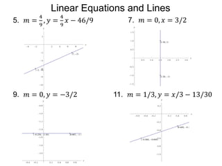 5. 𝑚 =
4
9
, 𝑦 =
4
9
𝑥 − 46/9 7. 𝑚 = 0, 𝑥 = 3/2
9. 𝑚 = 0, 𝑦 = −3/2 11. 𝑚 = 1/3, 𝑦 = 𝑥/3 − 13/30
Linear Equations and Lines
 