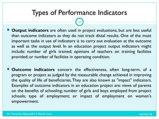 Types of Performance Indicators
04/05/19Dr. Paramita Majumdar 6 March 2019
11
 Output indicators are often used in projec...