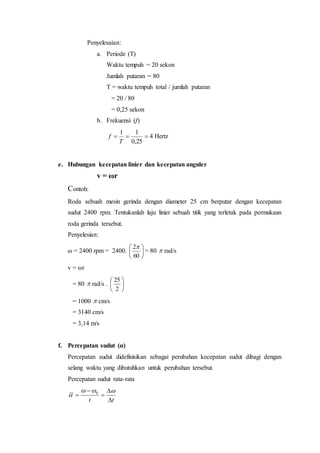 Penyelesaian:
a. Periode (T)
Waktu tempuh = 20 sekon
Jumlah putaran = 80
T = waktu tempuh total / jumlah putaran
= 20 / 80
= 0,25 sekon
b. Frekuensi (f)

25,0
11
T
f 4 Hertz
e. Hubungan kecepatan linier dan kecepatan anguler
v = ωr
Contoh:
Roda sebuah mesin gerinda dengan diameter 25 cm berputar dengan kecepatan
sudut 2400 rpm. Tentukanlah laju linier sebuah titik yang terletak pada permukaan
roda gerinda tersebut.
Penyelesian:
ω = 2400 rpm = 2400. 





60
2
= 80  rad/s
v = ωr
= 80  rad/s . 





2
25
= 1000  cm/s
= 3140 cm/s
= 3,14 m/s
f. Percepatan sudut (α)
Percepatan sudut didefinisikan sebagai perubahan kecepatan sudut dibagi dengan
selang waktu yang dibutuhkan untuk perubahan tersebut.
Percepatan sudut rata-rata
tt 





 0
 