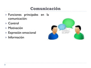 Comunicación
   Funciones principales en la
    comunicación:
   Control
   Motivación
   Expresión emocional
   Información
 