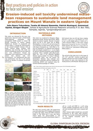 Erosion-induced soil toxicity undermined maize-
bean responses to sustainable land management
practices on Mount Wanale in eastern Uganda
John Bosco Tukundane, Twaha Ali Ateenyi Basamba, Patrick Musinguzi, Emmanuel
Opolot, Giregon Olupot*, School of Agricultural Sciences Makerere University P. O. Box 7062,
Kampala, Uganda, *giregono@gmail.com
This study was informed by the poor crop
performance observed under a World Bank
(WB)-supported sustainable land
management (SLM) project to restore Mt
Wanale ecosystem in eastern Uganda
blighted by decades of accelerated soil
erosion (Plate 1). Among the SLM practices
on the ground included contours with tie
bands, reduced tillage, fertiliser NPK
application and manuring. The study was
aimed at identifying cause(s) for the observed
poor crop performance beyond the
explanation from implementers of the SLM
project, that farmers’ soils were
nonresponsive’. We hypothesized that poor
crop performance was due to soil toxicity
induced by decades of unabated accelerated
soil erosion.
This study was conducted in Wangasa village,
Bunatsoma parish, Wanale Sub-County, Mbale
district in eastern Uganda. Wanale is located
about 6.8 km to the south east of Mbale
Municipality at 1003’14.2”N and 34014’24.9”E
at an elevation of 2092 meters above sea level
with slopes of steepness 30 – 60% (Plate 1). To
test our hypothesis, we collected and analysed
bulk soil samples sampled to 0 – 15 cm depth
for physico-chemical properties using standard
protocols. These included pH(2.5H2O:1soil),
SOM (%), total N (%) following Kjeldhal
Method, plant-available P by Bray I Method,
exchangeable bases, and soil texture (by
Hydrometer Method). Data collected were
checked for conformity with the conditions for
conducting ANOVA and analysed using the
Genstat statistical package 12th edition.
INTRODUCTION MATERIALS AND
METHODS
The soil pH of the study site is in the range of
Al3+, Fe3+ and Mn2+ toxicity to plants and
together with the low levels of SOM, could be
the reasons for poor crop responses to the
SLM practices on Mt Wanale. Raising the soil
CONCLUSION
Soil textural class was silt clay loam, ranging
from 26 ± 2.46 to 31 ± 2.46 (%clay), 32 ± 5.01
to 42 ± 5.01% (%silt) and 32 ± 2.80 to 37 ±
2.80% (%sand) (Table 1). Soil water ranged
from 0.29 ± 0.02 g cm-3 to 0.31 ± 0.02 g cm-3
(field capacity, FC) and 0.17 ± 0.02 g cm-3 to
0.17 ± 0.02 g cm-3 (permanent wilting point,
PWP) (Table 1).
Plate 1. Location of Mt Wanale (top left), very steep
landscape (top middle) and red soils with miserable maize
(top right) contrary to vigorous bananas and climbing
beans on farmers’ own plot which had been used as a pen
for zero-grazing dairy cattle (extreme left of middle row)
and total maize failure in one of the ‘best’ SLM practices
(middle of middle row). Contour cultivation (extreme right
of middle row) as one of the interventions to combat water
erosion. Notice vigorous bananas+beans+ maize and
maize+finger millet+banana intercrops with yams in the
Dokho flood plain (left and middle bottom row) where
eroded soils are deposited and compost from one of the
windrows due for sieving at the Mbale Municipal Solid
Waste Composting Plant.
Table 1. Mean soil physico-chemical properties under selected soil conservation practices from the World Bank sustainable land
management project on Mt Wanale, eastern Uganda as of June, 2016.
pH SOM N P K Clay Silt Sand FC PWP
Treatment (%) (mg kg-1
) (cmol kg-1
) (%) (g cm-3
)
Bean CT 3.5 1.52 0.12 14.2 0.61 28 39 33 0.31 0.17
Bean CT+Comp 4.1 1.42 0.08 14.7 1.65 29 38 33 0.30 0.16
Bean CT+Comp+R 3.3 1.85 0.13 14.2 0.75 27 41 32 0.30 0.15
Bean ZT+R 3.7 0.40 0.08 18.6 1.51 28 40 32 0.30 0.16
Bean ZT+R+B 3.6 0.79 0.02 12.7 1.05 31 33 36 0.31 0.17
Maize CT 3.8 1.44 0.10 59.8 1.02 29 36 36 0.30 0.16
Maize CT+Comp 3.9 1.69 0.10 13.7 2.11 29 38 33 0.31 0.17
Maize CT+NPK 4.2 2.05 0.11 42.1 0.92 31 32 37 0.30 0.17
Maize CT+NPK+Comp 3.4 1.98 0.14 12.7 1.12 26 41 33 0.29 0.15
Maize ZT+Comp 3.6 1.62 0.13 18.1 0.96 26 42 32 0.29 0.15
Maize ZT+Comp+B 4.6 1.12 0.09 20.6 1.86 27 39 34 0.29 0.15
Maize ZT+NPK 4.9 0.86 0.08 21.6 1.32 28 39 33 0.29 0.15
Maize ZT+NPK+B 4.3 1.78 0.08 25.5 1.44 30 36 34 0.31 0.17
Maize ZT+Comp+NPK 4.9 0.86 0.08 21.6 1.32 28 39 33 0.30 0.16
Maize ZT+Comp+NPK+B 3.7 1.06 0.06 21.1 1.51 28 38 34 0.30 0.16
P-value 0.206 0.51 0.100 0.977 <.001 0.279 0.746 0.815 0.598 0.354
L. S.d 1.197 0.68 0.063 75.05 0.963 5.074 4.929 5.764 0.018 0.025
S.e 0.58 0.69 0.031 36.43 0.468 2.46 5.01 2.8 0.009 0.012
Critical values 5.5 3.0* 0.25* 15* 0.4**
Key: conventional tillage(CT), compost(Comp), rhizobia(R), zero tillage(ZT), planting basins(B)
The soils were severely acidic, pH ranged from
3.3±0.58 under Bean+ZT+Compost+R treatment
to 4.85±0.58 under maize+ZT+NPK treatment
(Table 1). The SOM and N were also below
critical limits but plant-available P and
exchangeable K exceeded critical limits (Table 1).
MAIN RESULTS pH to ≥ 5.0% and SOM to ≥ 3.0% using
locally available amendments such as wood
ash and municipal solid waste compost (pH
≥ 9.0)
(Plate 1bottom right) should have preceded
investment in the costly SLM practices,
paving a way towards restoring the landscape
to its original ecosystem prior to
encroachment.
 