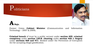 Politicians
ARaja.
Former Union Cabinet Minister (Communication and Information
Technology – 2007 & 2009).
Criminal breach of trust by a public servant under section 409, criminal
conspiracy under section 120-B, cheating under section 420 & forgery
under sections 468 and 471. Booked under the Prevention of Corruption
Act for accepting illegal gratification.
 