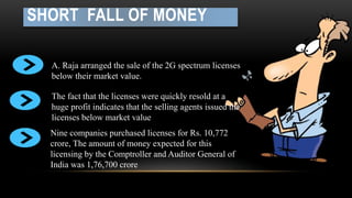 SHORT FALL OF MONEY 
A. Raja arranged the sale of the 2G spectrum licenses 
below their market value. 
The fact that the licenses were quickly resold at a 
huge profit indicates that the selling agents issued the 
licenses below market value 
Nine companies purchased licenses for Rs. 10,772 
crore, The amount of money expected for this 
licensing by the Comptroller and Auditor General of 
India was 1,76,700 crore 
 