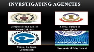 Comptroller and auditor
General of India
Central Bureau of
Investigation
Central Vigilance
Commission
Directorate of Enforcement
 
