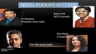 MEDIA PERSONS ACCUSED
CNN IBN senior editor
Nira Radia
A corporate lobbyist
Brkha Dutt
NDTV jounalist
Vir Sardesai
Hindustan times editor
 