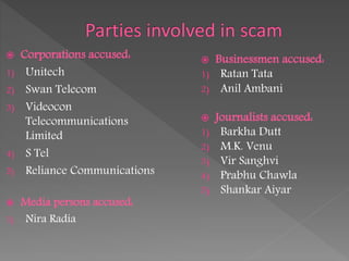  Corporations accused:
1) Unitech
2) Swan Telecom
3) Videocon
Telecommunications
Limited
4) S Tel
5) Reliance Communications
 Media persons accused:
1) Nira Radia
 Businessmen accused:
1) Ratan Tata
2) Anil Ambani
 Journalists accused:
1) Barkha Dutt
2) M.K. Venu
3) Vir Sanghvi
4) Prabhu Chawla
5) Shankar Aiyar
 