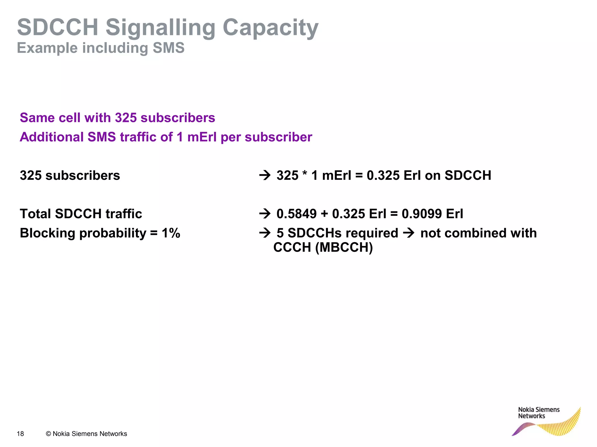 18 © Nokia Siemens Networks
Same cell with 325 subscribers
Additional SMS traffic of 1 mErl per subscriber
325 subscribers  325 * 1 mErl = 0.325 Erl on SDCCH
Total SDCCH traffic  0.5849 + 0.325 Erl = 0.9099 Erl
Blocking probability = 1%  5 SDCCHs required  not combined with
CCCH (MBCCH)
SDCCH Signalling Capacity
Example including SMS
 