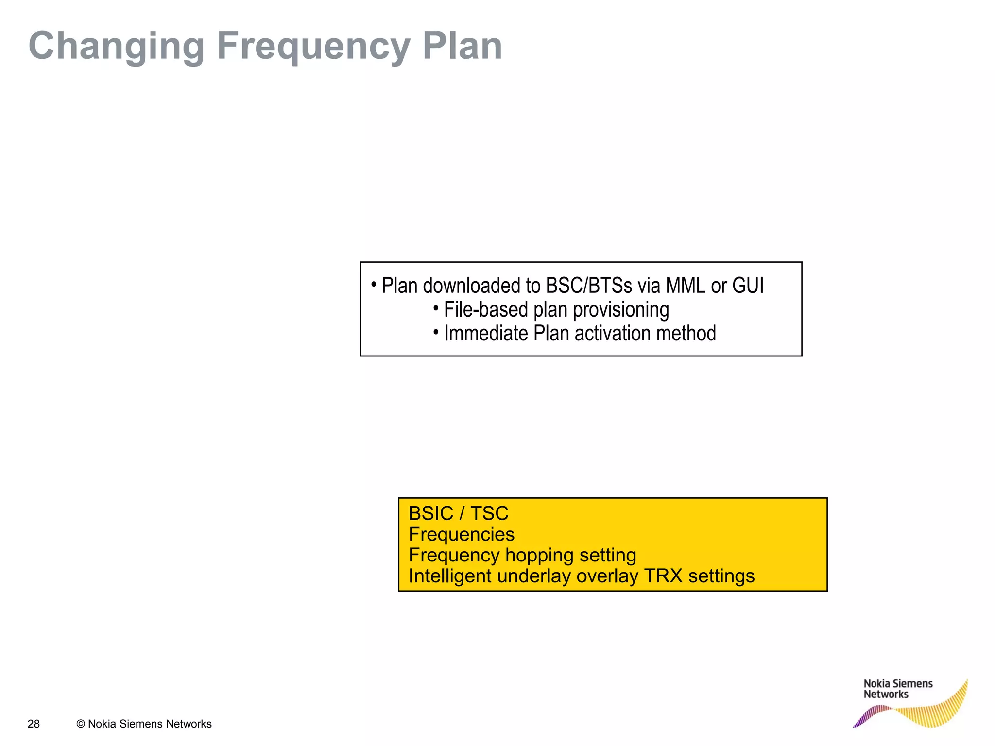 28 © Nokia Siemens Networks
Changing Frequency Plan
BSIC / TSC
Frequencies
Frequency hopping setting
Intelligent underlay overlay TRX settings
• Plan downloaded to BSC/BTSs via MML or GUI
• File-based plan provisioning
• Immediate Plan activation method
 