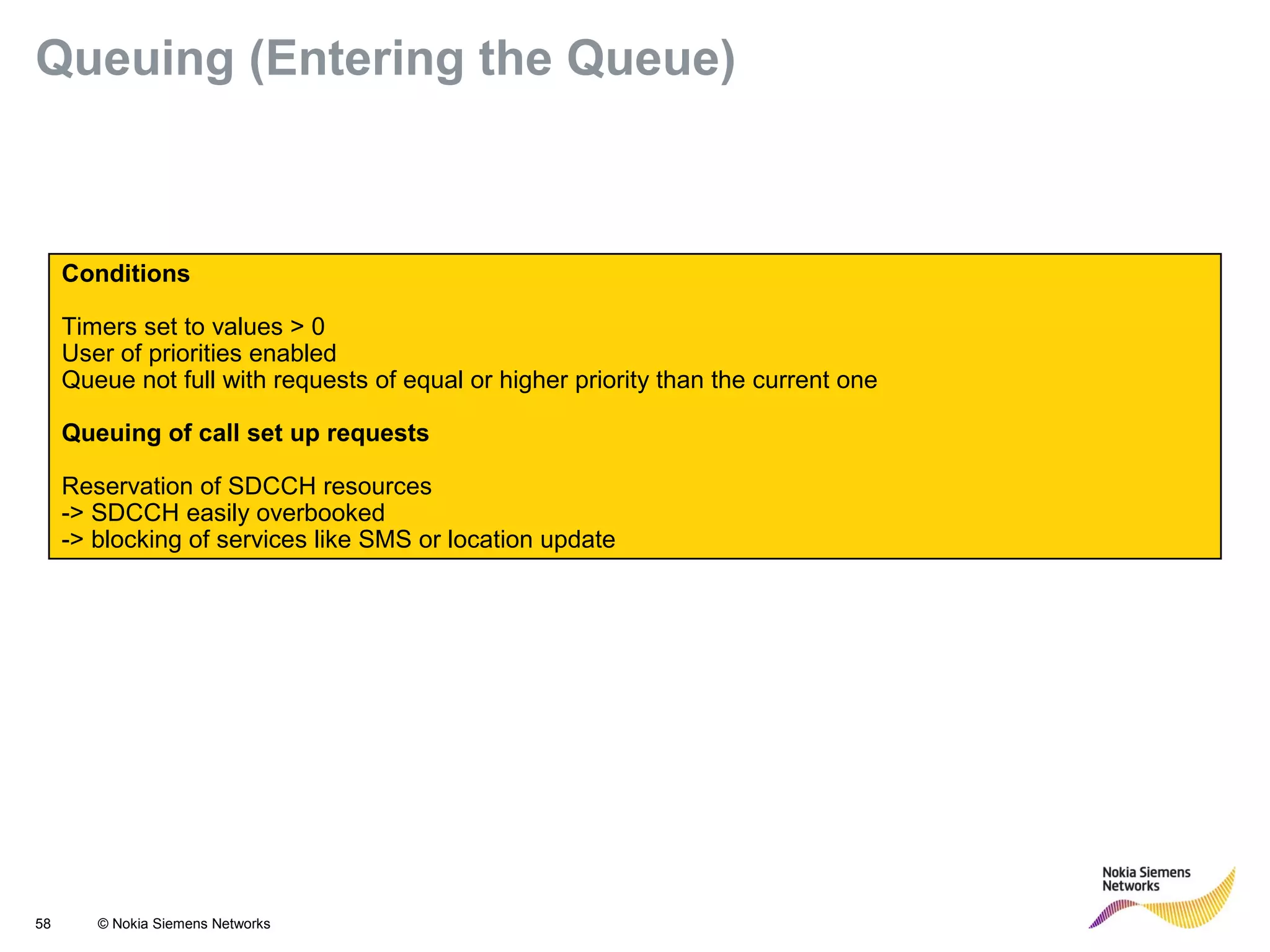 58 © Nokia Siemens Networks
Conditions
Timers set to values > 0
User of priorities enabled
Queue not full with requests of equal or higher priority than the current one
Queuing of call set up requests
Reservation of SDCCH resources
-> SDCCH easily overbooked
-> blocking of services like SMS or location update
Queuing (Entering the Queue)
 