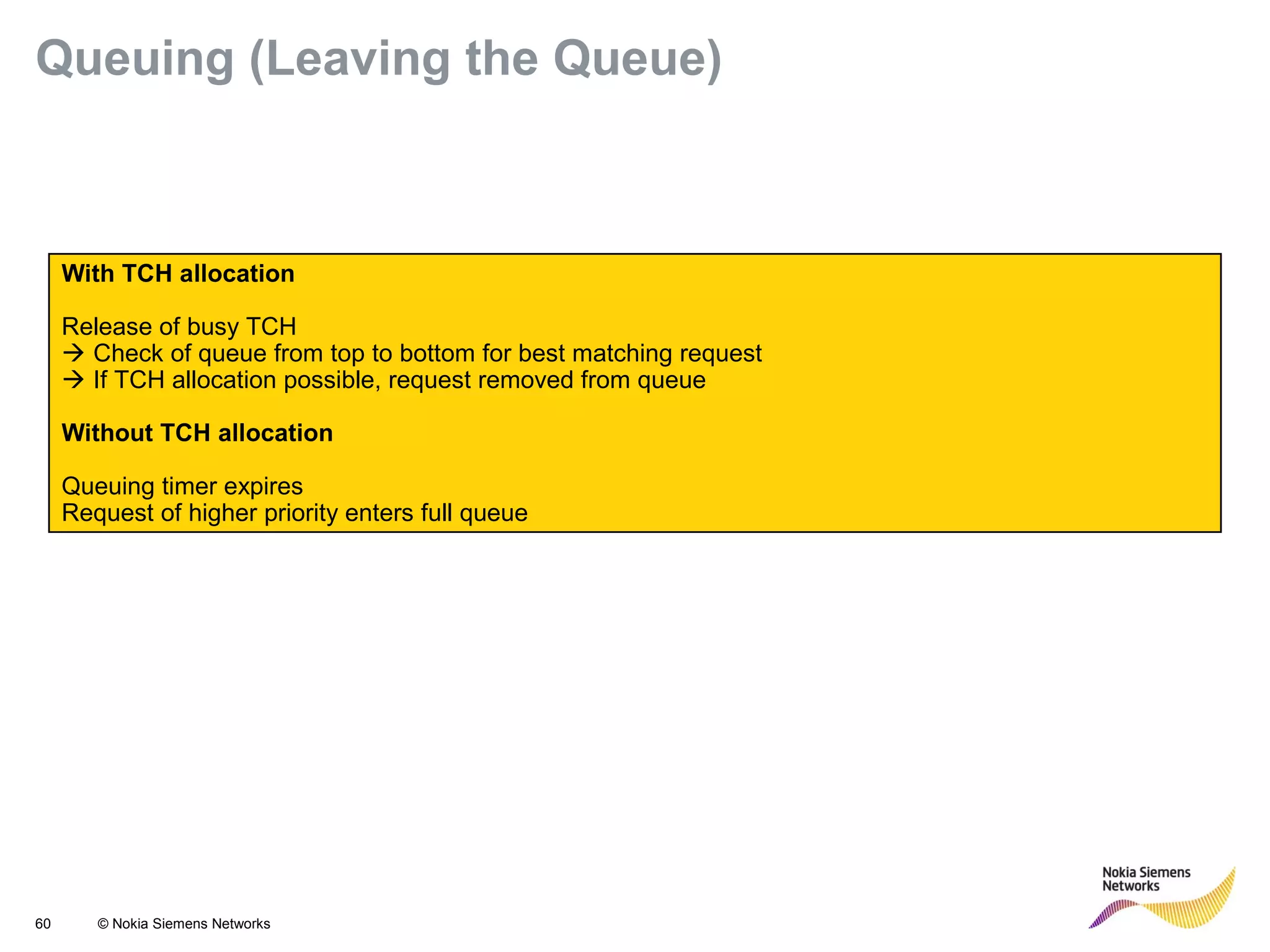 60 © Nokia Siemens Networks
With TCH allocation
Release of busy TCH
 Check of queue from top to bottom for best matching request
 If TCH allocation possible, request removed from queue
Without TCH allocation
Queuing timer expires
Request of higher priority enters full queue
Queuing (Leaving the Queue)
 