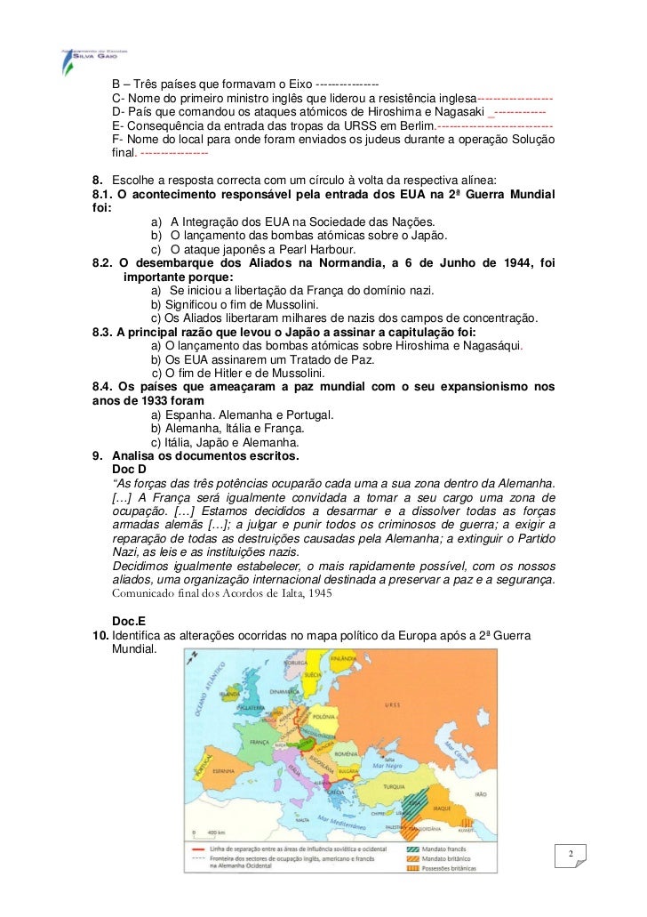 Exercicios Com Gabarito Sobre A Segunda Guerra Mundial 9 Ano