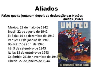 Aliados
Países que se juntaram depois da declaração das Nações
Unidas (1942)
México: 22 de maio de 1942
Brasil: 22 de agosto de 1942
Etiópia: 14 de dezembro de 1942
Iraque: 17 de janeiro de 1943
Bolívia: 7 de abril de 1943
Irã: 9 de setembro de 1943
Itália: 13 de outubro de 1943
Colômbia: 26 de novembro de 1943
Libéria: 27 de janeiro de 1944
 