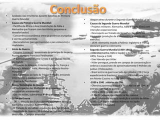 De 1941 a 1945 ocorreram as derrotas do Eixo, iniciadas com as perdas sofridas pelos alemães no rigoroso inverno russo. Neste período, ocorre uma regressão das forças do Eixo que sofrem derrotas seguidas. Com a entrada dos EUA, os aliados ganharam força nas frentes de batalhas. - O Brasil participa diretamente, enviando para a Itália (região de Monte Cassino) os pracinhas da FEB, Força Expedicionária Brasileira. Os cerca de 25 mil soldados brasileiros conquistam a região, somando uma importante vitória ao lado dos Aliados.