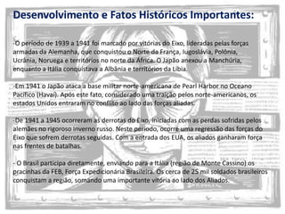 Desenvolvimento e Fatos Históricos Importantes:O período de 1939 a 1941 foi marcado por vitórias do Eixo, lideradas pelas forças armadas da Alemanha, que conquistou o Norte da França, Iugoslávia, Polônia, Ucrânia, Noruega e territórios no norte da África. O Japão anexou a Manchúria, enquanto a Itália conquistava a Albânia e territórios da Líbia.