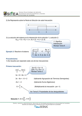 2) Se Representa sobre la Recta la Solución de cada Inecuación:




                                                  3             6




             Stotal = S1 ∩ S2 = (-∞, 6) ∩ (3, +∞) = (3, 6)
3) La solución del sistema es la intersección de la solución 1 y solución 2:

                                                                     ∩: Significa
                                                                     Intersección
                                                                     Revisar Tema 6

                                              2                 4
                                                  					   			
                                          2                         3
                                         6            3   2             2
Ejemplo 2: Resolver el sistema



Procedimiento:
1) Se resuelve por separado cada una de las inecuaciones:


Primera inecuación:
                                     3(x+2) = 3x + 6
                                    2(4x +1) = 8x + 2
                                    Revisar Tema 2

             3x + 6 < 8x + 2

             3x – 8x < - 6 + 2          (Aplicando Agrupación de Términos Semejantes)

             -5x < - 4                  (Aplicando Suma Algebraica)

              X>                        (Multiplicando la inecuación por -1)


                                   Ver Tema 6. Propiedades de las desigualdades



      Solución 1: x      ϵ   , ∞
 