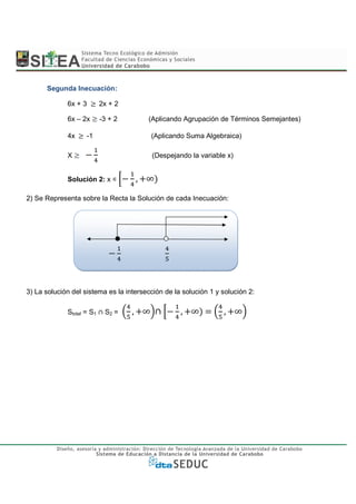 Segunda Inecuación:

             6x + 3      		2x + 2

             6x – 2x      -3 + 2        (Aplicando Agrupación de Términos Semejantes)

             4x 	 		-1                   (Aplicando Suma Algebraica)

             X                           (Despejando la variable x)


             Solución 2: x          , ∞

2) Se Representa sobre la Recta la Solución de cada Inecuación:




3) La solución del sistema es la intersección de la solución 1 y solución 2:

             Stotal = S1 ∩ S2 =     , ∞ ∩	         , ∞ 	=	       , ∞
 