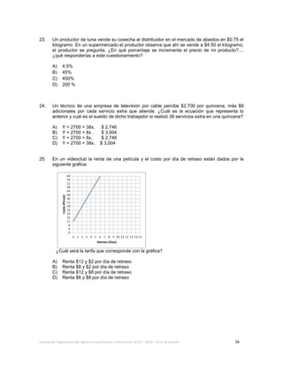 Evaluación diagnóstica del ingreso al bachillerato, ciclo escolar 2013 – 2014 – Guía de estudio 56
23. Un productor de tuna vende su cosecha al distribuidor en el mercado de abastos en $0.75 el
kilogramo. En un supermercado el productor observa que ahí se vende a $4.50 el kilogramo,
el productor se pregunta. ¿En qué porcentaje se incrementa el precio de mi producto?....
¿qué responderías a este cuestionamiento?
A) 4.5%
B) 45%
C) 450%
D) 200 %
24. Un técnico de una empresa de televisión por cable percibe $2,700 por quincena, más $8
adicionales por cada servicio extra que atiende. ¿Cuál es la ecuación que representa lo
anterior y cuál es el sueldo de dicho trabajador si realizó 38 servicios extra en una quincena?
A) Y = 2700 + 38x, $ 2,746
B) Y = 2700 + 8x , $ 3,004
C) Y = 2700 + 8x, $ 2,746
D) Y = 2700 + 38x, $ 3,004
25. En un videoclub la renta de una película y el costo por día de retraso están dados por la
siguiente gráfica:
¿Cuál será la tarifa que corresponde con la gráfica?
A) Renta $12 y $2 por día de retraso
B) Renta $8 y $2 por día de retraso
C) Renta $12 y $8 por día de retraso
D) Renta $8 y $8 por día de retraso
 