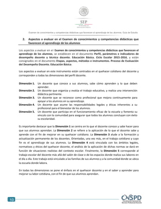 10
Examen de conocimientos y competencias didácticas que favorecen el aprendizaje de los alumnos. Guía de Estudio
2. Aspectos a evaluar en el Examen de conocimientos y competencias didácticas que
favorecen el aprendizaje de los alumnos
Los aspectos a evaluar en el Examen de conocimientos y competencias didácticas que favorecen el
aprendizaje de los alumnos, se establecen en el documento Perfil, parámetros e indicadores de
desempeño docente y técnico docente. Educación Básica. Ciclo Escolar 2015-2016, y están
consignados en el documento Etapas, aspectos, métodos e instrumentos. Proceso de Evaluación
del Desempeño Docente. Educación Básica.
Los aspectos a evaluar en este instrumento están centrados en el quehacer cotidiano del docente y
corresponden a todas las dimensiones del perfil docente.
Dimensión 1. Un docente que conoce a sus alumnos, sabe cómo aprenden y lo que deben
aprender.
Dimensión 2. Un docente que organiza y evalúa el trabajo educativo, y realiza una intervención
didáctica pertinente.
Dimensión 3. Un docente que se reconoce como profesional que mejora continuamente para
apoyar a los alumnos en su aprendizaje.
Dimensión 4. Un docente que asume las responsabilidades legales y éticas inherentes a su
profesional para el bienestar de los alumnos.
Dimensión 5. Un docente que participa en el funcionamiento eficaz de la escuela y fomenta su
vínculo con la comunidad para asegurar que todos los alumnos concluyan con éxito
su escolaridad.
Es importante destacar que la Dimensión 1 se centra en lo que el docente conoce y sabe hacer para
que sus alumnos aprendan. La Dimensión 2 se refiere a la aplicación de lo que el docente sabe y
aprende con el fin de mejorar en su quehacer cotidiano. La Dimensión 3 alude a la formación y
actualización permanente de los docentes. Orientadas, una vez más, en el trabajo cotidiano y cuyo
fin es el aprendizaje de sus alumnos. La Dimensión 4 está vinculada con los ámbitos legales,
normativos y éticos del quehacer docente, el análisis de la aplicación de dichas normas se dará en
función de situaciones realistas del contexto escolar. Finalmente, la Dimensión 5 corresponde al
trabajo escolar del docente más allá del salón de clase o de los espacios donde realiza sus labores en
el día a día. Este trabajo está vinculado a las familias de sus alumnos y a la comunidad donde se ubica
la escuela donde labora.
En todas las dimensiones se pone el énfasis en el quehacer docente y en el saber y aprender para
mejorar su labor cotidiana, con el fin de que sus alumnos aprendan.
 
