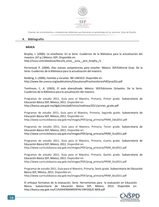 18
Examen de conocimientos y competencias didácticas que favorecen el aprendizaje de los alumnos. Guía de Estudio
4. Bibliografía
BÁSICA
Brophy, J. (2000), La enseñanza. En la Serie: Cuadernos de la Biblioteca para la actualización del
maestro. (47 p.) México: SEP. Disponible en:
http://issuu.com/alexduve/docs/la_ense__anza__jere_brophy_/1
Perrenoud, P. (2004), Diez nuevas competencias para enseñar. México: SEP/Editorial Graó. De la
Serie: Cuadernos de la Biblioteca para la actualización del maestro.
Redding, S. (2006), Familias y escuelas. IBE-UNESCO. Disponible en:
http://www.ibe.unesco.org/publications/EducationalPracticesSeriesPdf/prac02s.pdf
Tomlinson, C. A. (2003), El aula diversificada. México: SEP/Ediciones Octaedro. De la Serie:
Cuadernos de la Biblioteca para la actualización del maestro.
Programas de estudio 2011, Guía para el Maestro, Primaria, Primer grado. Subsecretaría de
Educación Básica SEP, México, 2011. Disponible en:
http://basica.sep.gob.mx/dgdc/sitio/pdf/inicio/matlinea/2011/primer_grado.pdf
Programas de estudio 2011, Guía para el Maestro, Primaria, Segundo grado. Subsecretaría de
Educación Básica SEP, México, 2011. Disponible en:
http://www.curriculobasica.sep.gob.mx/images/PDF/prog_primaria/PRIM_2do2011.pdf
Programas de estudio 2011, Guía para el Maestro, Primaria, Tercer grado. Subsecretaría de
Educación Básica SEP, México, 2011. Disponible en:
http://www.curriculobasica.sep.gob.mx/images/PDF/prog_primaria/PRIM_3ro2011.pdf
Programas de estudio 2011, Guía para el Maestro, Primaria, Cuarto grado. Subsecretaría de
Educación Básica SEP, México, 2011. Disponible en:
http://www.curriculobasica.sep.gob.mx/images/PDF/prog_primaria/PRIM_4to2011.pdf
Programas de estudio 2011, Guía para el Maestro, Primaria, Quinto grado. Subsecretaría de
Educación Básica SEP, México, 2011. Disponible en:
http://www.curriculobasica.sep.gob.mx/images/PDF/prog_primaria/PRIM_5to2011.pdf
Programas de estudio 2011, Guía para el Maestro, Primaria, Sexto grado. Subsecretaría de Educación
Básica SEP, México, 2011. Disponible en:
http://www.curriculobasica.sep.gob.mx/images/PDF/prog_primaria/PRIM_6to2011.pdf
El enfoque formativo de la evaluación, Serie: Herramientas para la evaluación en Educación
Básica. Subsecretaría de Educación Básica SEP, México, 2013. Disponible en:
http://basica.sep.gob.mx/C1%20HERRAMIENTAS-ENFOQUE-WEB.pdf
 