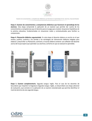 9
Examen de conocimientos y competencias didácticas que favorecen el aprendizaje de los alumnos. Guía de Estudio
Etapa 3. Examen de conocimientos y competencias didácticas que favorecen el aprendizaje de los
alumnos. Esta etapa comprende la aplicación de un examen que permite dar cuenta de los
conocimientos y competencias que el docente pone en juego para resolver situaciones hipotéticas de
la práctica educativa, fundamentadas en situaciones reales y contextualizadas para facilitar su
comprensión.
Etapa 4. Planeación didáctica argumentada. En esta etapa el docente elabora un escrito en el que
analiza, justifica, sustenta y da sentido a las estrategias de intervención didáctica elegidas para
elaborar y desarrollar su Planeación; asimismo, el escrito deberá contener una reflexión del docente
acerca de lo que espera que aprendan sus alumnos y la forma en que se evaluará lo aprendido.
Etapa 5. Examen complementario. Segunda Lengua: Inglés. Para el caso de los docentes de
Secundaria que imparten la Asignatura Segunda Lengua: Inglés, se desarrollará una etapa adicional
de evaluación, que consiste en la aplicación de un examen estandarizado que permita identificar el
nivel de dominio de esta segunda lengua.
 