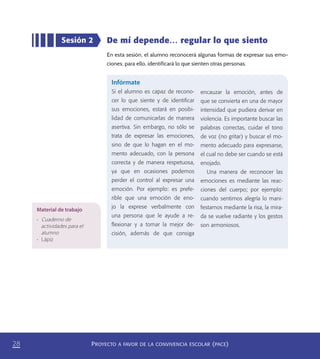 PROYECTO A FAVOR DE LA CONVIVENCIA ESCOLAR (PACE)28
De mí depende… regular lo que siento
En esta sesión, el alumno reconocerá algunas formas de expresar sus emo-
ciones; para ello, identificará lo que sienten otras personas.
Sesión 2
Infórmate
Si el alumno es capaz de recono-
cer lo que siente y de identiﬁcar
sus emociones, estará en posibi-
lidad de comunicarlas de manera
asertiva. Sin embargo, no sólo se
trata de expresar las emociones,
sino de que lo hagan en el mo-
mento adecuado, con la persona
correcta y de manera respetuosa,
ya que en ocasiones podemos
perder el control al expresar una
emoción. Por ejemplo: es prefe-
rible que una emoción de eno-
jo la exprese verbalmente con
una persona que le ayude a re-
ﬂexionar y a tomar la mejor de-
cisión, además de que consiga
encauzar la emoción, antes de
que se convierta en una de mayor
intensidad que pudiera derivar en
violencia. Es importante buscar las
palabras correctas, cuidar el tono
de voz (no gritar) y buscar el mo-
mento adecuado para expresarse,
el cual no debe ser cuando se está
enojado.
Una manera de reconocer las
emociones es mediante las reac-
ciones del cuerpo; por ejemplo:
cuando sentimos alegría lo mani-
festamos mediante la risa, la mira-
da se vuelve radiante y los gestos
son armoniosos.
Material de trabajo
•	 Cuaderno de
actividades para el
alumno
•	 Lápiz
PACE Tercero Docente.indb 28 09/06/15 12:46
 