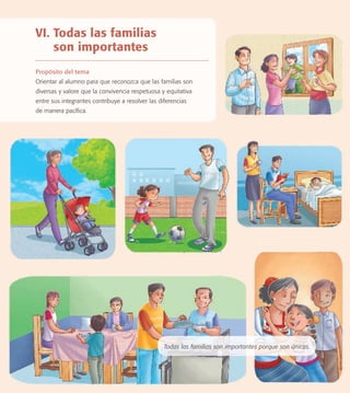 Todas las familias son importantes porque son únicas.
VI. Todas las familias
son importantes
Propósito del tema
Orientar al alumno para que reconozca que las familias son
diversas y valore que la convivencia respetuosa y equitativa
entre sus integrantes contribuye a resolver las diferencias
de manera pacíﬁca.
PACE Tercero Docente.indb 73 09/06/15 12:46
 
