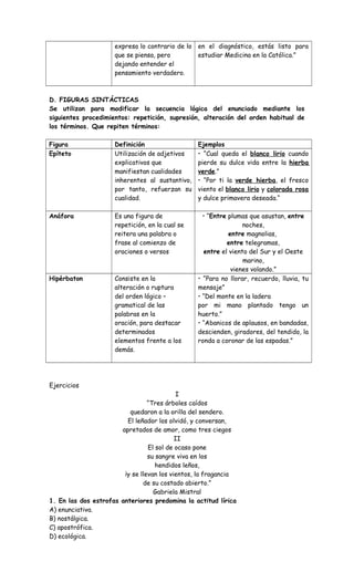 expresa lo contrario de lo
que se piensa, pero
dejando entender el
pensamiento verdadero.
en el diagnóstico, estás listo para
estudiar Medicina en la Católica.”
D. FIGURAS SINTÁCTICAS
Se utilizan para modificar la secuencia lógica del enunciado mediante los
siguientes procedimientos: repetición, supresión, alteración del orden habitual de
los términos. Que repiten términos:
Figura Definición Ejemplos
Epíteto Utilización de adjetivos
explicativos que
manifiestan cualidades
inherentes al sustantivo,
por tanto, refuerzan su
cualidad.
• “Cual queda el blanco lirio cuando
pierde su dulce vida entre la hierba
verde.”
• “Por ti la verde hierba, el fresco
viento el blanco lirio y colorada rosa
y dulce primavera deseada.“
Anáfora Es una figura de
repetición, en la cual se
reitera una palabra o
frase al comienzo de
oraciones o versos
• “Entre plumas que asustan, entre
noches,
entre magnolias,
entre telegramas,
entre el viento del Sur y el Oeste
marino,
vienes volando.”
Hipérbaton Consiste en la
alteración o ruptura
del orden lógico –
gramatical de las
palabras en la
oración, para destacar
determinados
elementos frente a los
demás.
• “Para no llorar, recuerdo, lluvia, tu
mensaje”
• “Del monte en la ladera
por mi mano plantado tengo un
huerto.”
• “Abanicos de aplausos, en bandadas,
descienden, giradores, del tendido, la
ronda a coronar de las espadas.”
Ejercicios
I
“Tres árboles caídos
quedaron a la orilla del sendero.
El leñador los olvidó, y conversan,
apretados de amor, como tres ciegos
II
El sol de ocaso pone
su sangre viva en los
hendidos leños,
¡y se llevan los vientos, la fragancia
de su costado abierto.”
Gabriela Mistral
1. En las dos estrofas anteriores predomina la actitud lírica
A) enunciativa.
B) nostálgica.
C) apostrófica.
D) ecológica.
 