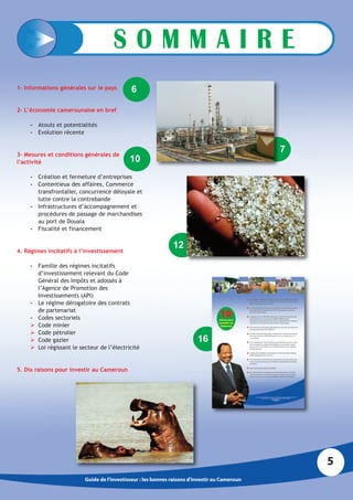 SOMMAIRE
1- Informations générales sur le pays        6

2- L’économie camerounaise en bref

     - Atouts et potentialités
     - Evolution récente


3- Mesures et conditions générales de
                                                                                                7
l’activité                                   10
     - Création et fermeture d’entreprises
     - Contentieux des affaires, Commerce
       transfrontalier, concurrence déloyale et
       lutte contre la contrebande
     - Infrastructures d’accompagnement et
       procédures de passage de marchandises
       au port de Douala
     - Fiscalité et financement

                                                               12
4. Régimes incitatifs à l’investissement

     - Famille des régimes incitatifs
       d’investissement relevant du Code
       Général des Impôts et adossés à
       l’Agence de Promotion des
       Investissements (API)
     - Le régime dérogatoire des contrats
       de partenariat
     - Codes sectoriels
      Code minier
      Code pétrolier
      Code gazier                                                        16
      Loi régissant le secteur de l’électricité


5. Dix raisons pour investir au Cameroun




                                                                                                    5
                          Guide de l’investisseur : les bonnes raisons d’investir au Cameroun
 