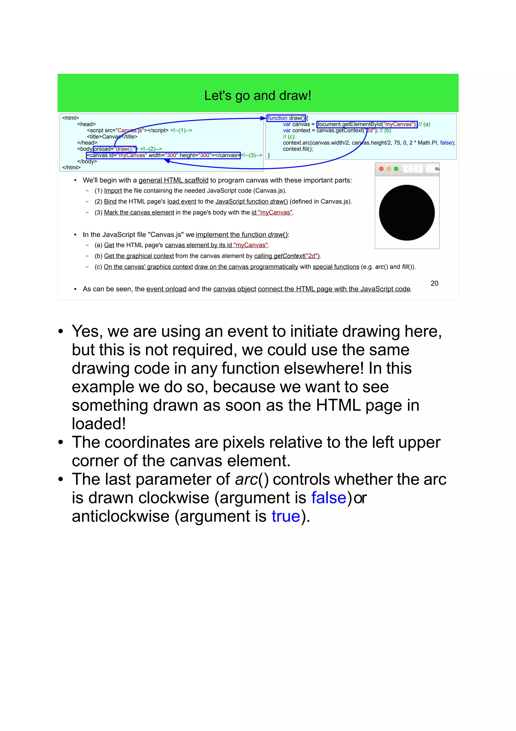20
Let's go and draw!
● We'll begin with a general HTML scaffold to program canvas with these important parts:
– (1) Import the file containing the needed JavaScript code (Canvas.js).
– (2) Bind the HTML page's load event to the JavaScript function draw() (defined in Canvas.js).
– (3) Mark the canvas element in the page's body with the id "myCanvas".
● In the JavaScript file "Canvas.js" we implement the function draw():
– (a) Get the HTML page's canvas element by its id "myCanvas".
– (b) Get the graphical context from the canvas element by calling getContext("2d").
– (c) On the canvas' graphics context draw on the canvas programmatically with special functions (e.g. arc() and fill()).
● As can be seen, the event onload and the canvas object connect the HTML page with the JavaScript code.
<html>
<head>
<script src="Canvas.js"></script> <!--(1)-->
<title>Canvas</title>
</head>
<body onload="draw();"> <!--(2)-->
<canvas id="myCanvas" width="300" height="300"></canvas><!--(3)-->
</body>
</html>
function draw() {
var canvas = document.getElementById("myCanvas"); // (a)
var context = canvas.getContext("2d"); // (b)
// (c):
context.arc(canvas.width/2, canvas.height/2, 75, 0, 2 * Math.PI, false);
context.fill();
}
● Yes, we are using an event to initiate drawing here,
but this is not required, we could use the same
drawing code in any function elsewhere! In this
example we do so, because we want to see
something drawn as soon as the HTML page in
loaded!
● The coordinates are pixels relative to the left upper
corner of the canvas element.
● The last parameter of arc() controls whether the arc
is drawn clockwise (argument is false)or
anticlockwise (argument is true).
 