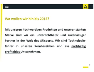 Ziel



Wo wollen wir hin bis 2015?

Mit unseren hochwertigen Produkten und unserer starken
Marke sind wir ein unverzichtbarer und zuverlässiger
Partner in der Welt des Skisports Wir sind Technologie
                        Skisports.         Technologie‐
führer in unseren Kernbereichen und ein nachhaltig
profitables Unternehmen.


                                                          5
 