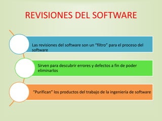 REVISIONES DEL SOFTWARE
Las revisiones del software son un “filtro” para el proceso del
software
Sirven para descubrir err...