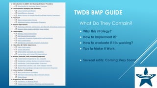 TWDB BMP GUIDE
What Do They Contain?
 Why this strategy?
 How to implement it?
 How to evaluate if it is working?
 Tips to Make it Work
 Several edits: Coming Very Soon!
 