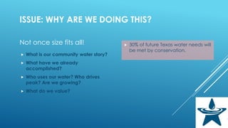 ISSUE: WHY ARE WE DOING THIS?
Not once size fits all!
 What is our community water story?
 What have we already
accomplished?
 Who uses our water? Who drives
peak? Are we growing?
 What do we value?
 30% of future Texas water needs will
be met by conservation.
 