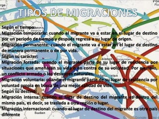Según el tiempo:
Migración temporaria: cuando el migrante va a estar en el lugar de destino
por un periodo de tiempo y después regresa a su lugar de origen.
Migración permanente: cuando el migrante va a estar en el lugar de destino
de manera permanente o de por vida.
Según su carácter:
Migración forzada: cuando el migrante parte de su lugar de residencia por
situaciones que amenazan su vida o en contra de su voluntad. Por ejemplo,
un conflicto armado o los desastres naturales.
Migración voluntaria: cuando el migrante parte de su lugar de residencia por
voluntad propia en busca de una mejor calidad de vida.
Según su destino:
Migración interna: cuando el lugar de destino del migrante es dentro del
mismo país, es decir, se traslada a otra región o lugar.
Migración internacional: cuando el lugar de destino del migrante es otro país
diferente
 