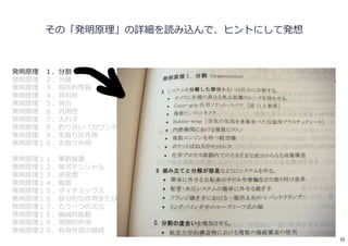 発明原理 １．分割
発明原理 ２．分離
発明原理 ３．局所的性質
発明原理 ４．非対称
発明原理 ５．併合
発明原理 ６．汎用性
発明原理 ７．入れ子
発明原理 ８．釣り合い（カウンタウェイト）
発明原理 ９．先取り反作用
発明原理１０．先取り作用
発明原理１１．事前保護
発明原理１２．等ポテンシャル
発明原理１３．逆発想
発明原理１４．曲面
発明原理１５．ダイナミックス
発明原理１６．部分的な作用または過剰な作用
発明原理１７．もう一つの次元
発明原理１８．機械的振動
発明原理１９．周期的作用
発明原理２０．有用作用の継続
発明原理２１．⾼速実⾏
発明原理２２．災いを転じて福となす（レモンをレモネードにする）
発明原理２３．フィードバック
発明原理２４．仲介
発明原理２５．セルフサービス
発明原理２６．コピー
発明原理２７．⾼価な⻑寿命より安価な短寿命
発明原理２８．メカニズムの代替/もう一つの知覚
発明原理２９．空気圧と⽔圧の利用
発明原理３０．柔軟な殻と薄膜
発明原理３１．多孔質材料
発明原理３２．色の変化
発明原理３３．均質性
発明原理３４．排除と再生
発明原理３５．パラメータの変更
発明原理３６．相変異
発明原理３７．熱膨張
発明原理３８．強い酸化剤
発明原理３９．不活性雰囲気
発明原理４０．複合材料
その「発明原理」の詳細を読み込んで、ヒントにして発想
35
 