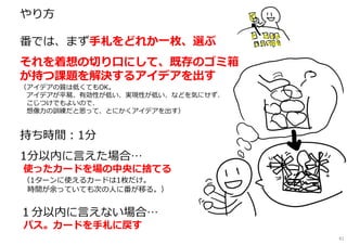 やり方
━━━━━━━━━━━━━━━━━━
番では、まず手札をどれか一枚、選ぶ
それを着想の切り⼝にして、既存のゴミ箱
が持つ課題を解決するアイデアを出す
（アイデアの質は低くてもOK。
アイデアが平易、有効性が低い、実現性が低い、などを気にせず、
こじつけでもよいので、
想像⼒の訓練だと思って、とにかくアイデアを出す）
持ち時間︓1分
1分以内に言えた場合…
使ったカードを場の中央に捨てる
（1ターンに使えるカードは1枚だけ。
時間が余っていても次の人に番が移る。）
１分以内に言えない場合…
パス。カードを手札に戻す
41
 